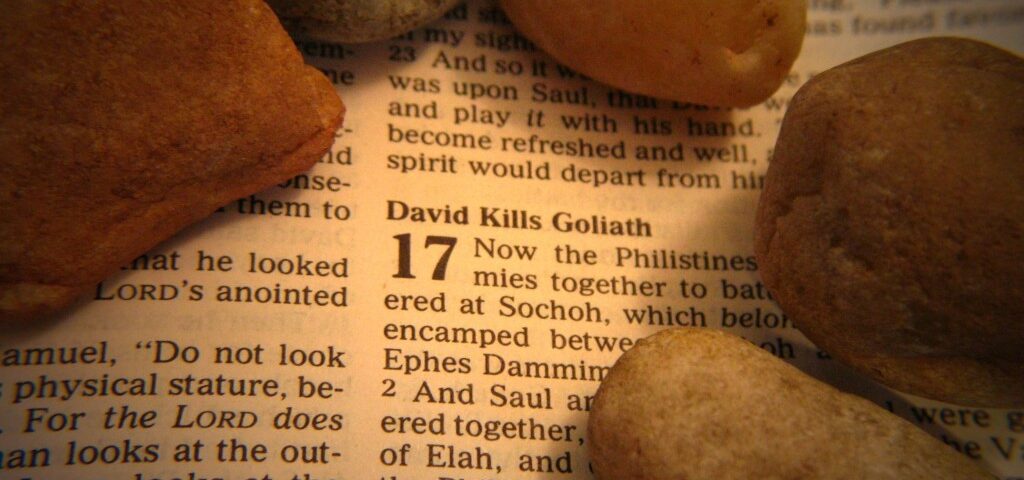 Stones on a Bible page about Goliath.
