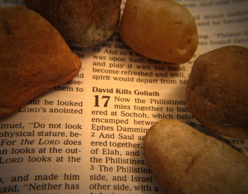 Stones on a Bible page about Goliath.