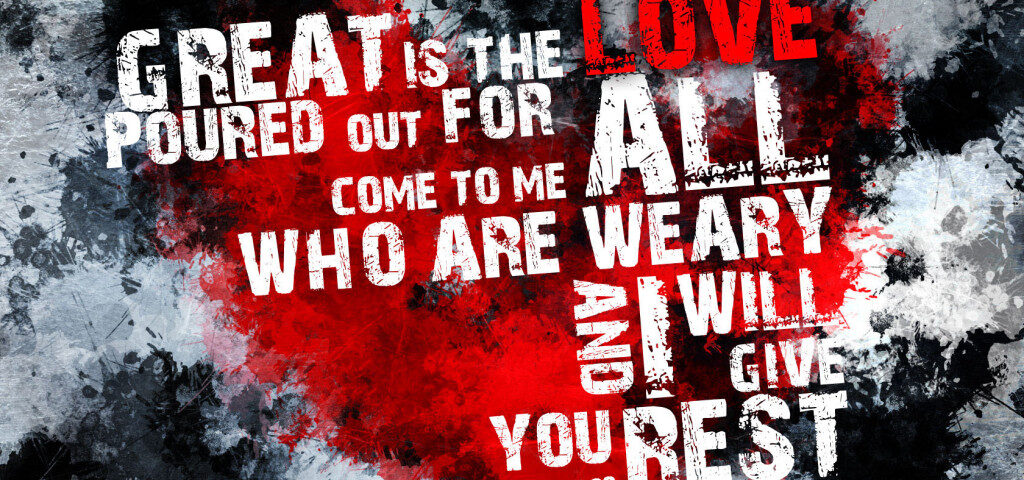 Religious text with red heart background.