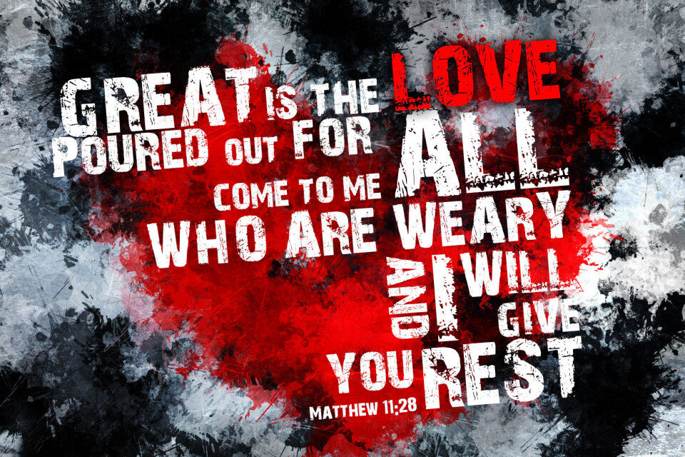 Religious text with red heart background.