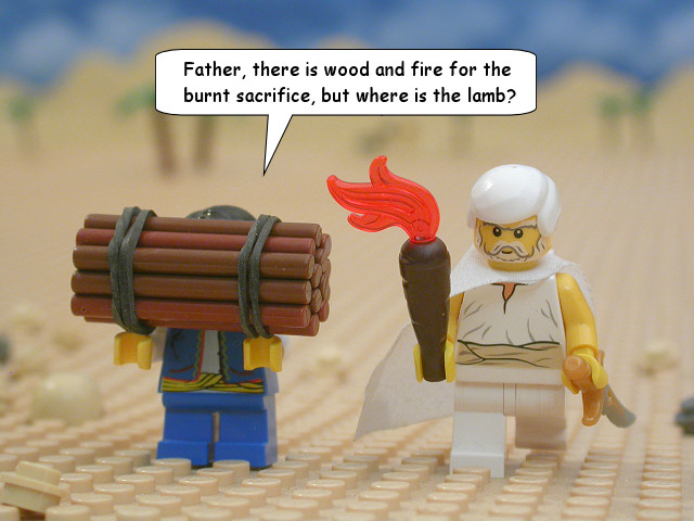 Lego figures discussing sacrifice preparation scene.