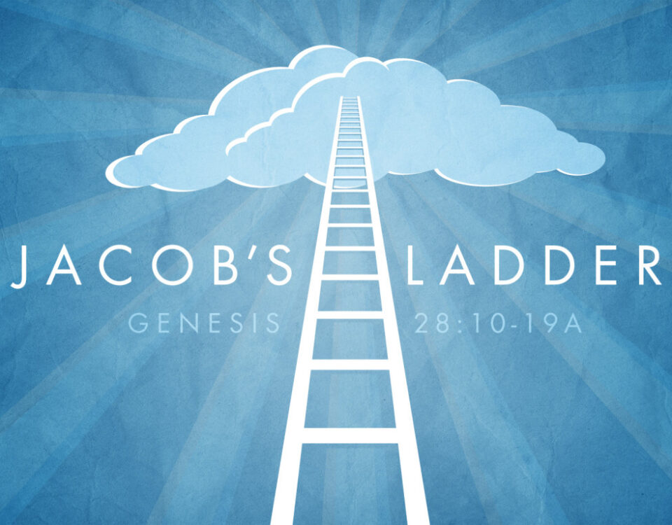 Jacob's Ladder with clouds and text.