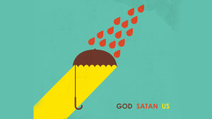 Umbrella blocking raindrops with text below.