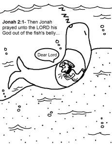 Man praying inside a fish cartoon.