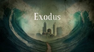Parting sea with city skyline, "Exodus" text.