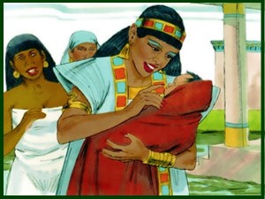 Ancient woman holding a baby, colorful attire.
