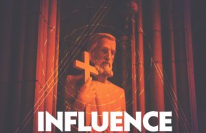 Statue holding cross with "Influence" text.