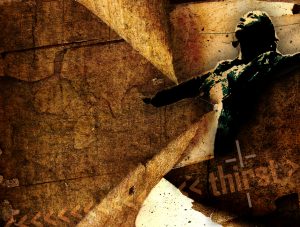 Abstract figure with textured, brown background.