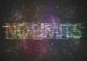 Colorful word cloud on textured dark background.