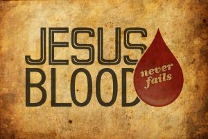 Jesus Blood text with red drop graphic.