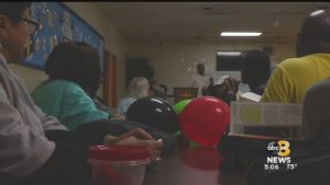 People gathered around table with balloons.