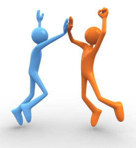 Two stick figures high-fiving in celebration.