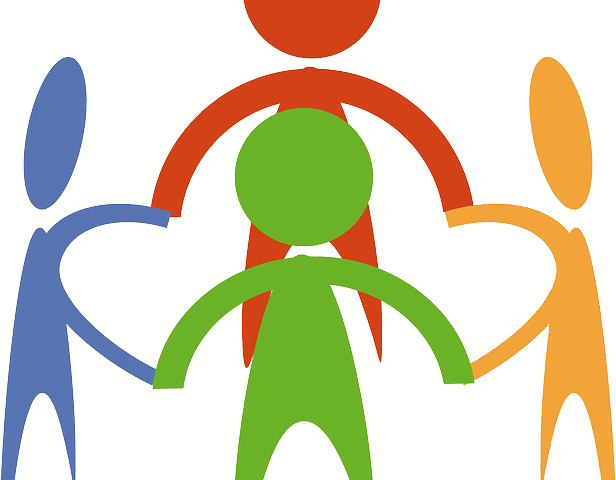 Four colorful figures holding hands in circle.
