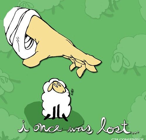 Hand reaching towards a sheep cartoon.