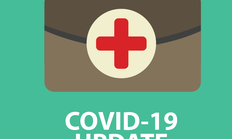 Medical briefcase with COVID-19 update text.