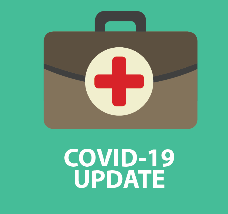 Medical briefcase with COVID-19 update text.