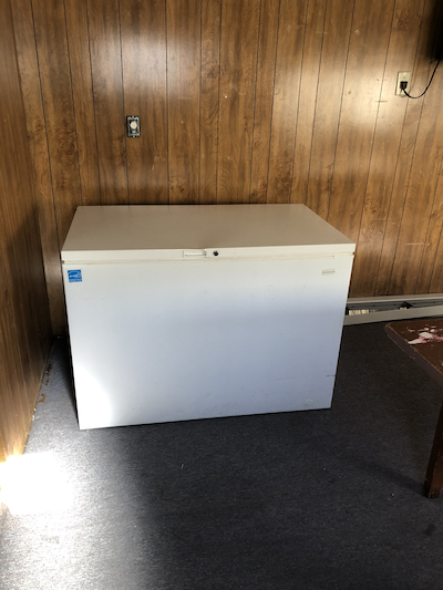 White chest freezer against a wooden wall in a room.