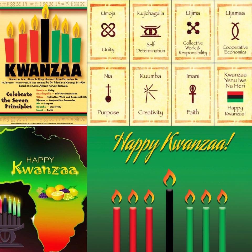Collage celebrating Kwanzaa with symbols, candles, and messages of unity.