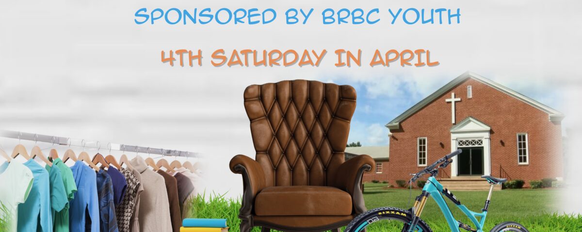 Vintage chair, bicycle, and books for spring yard sale outdoors.