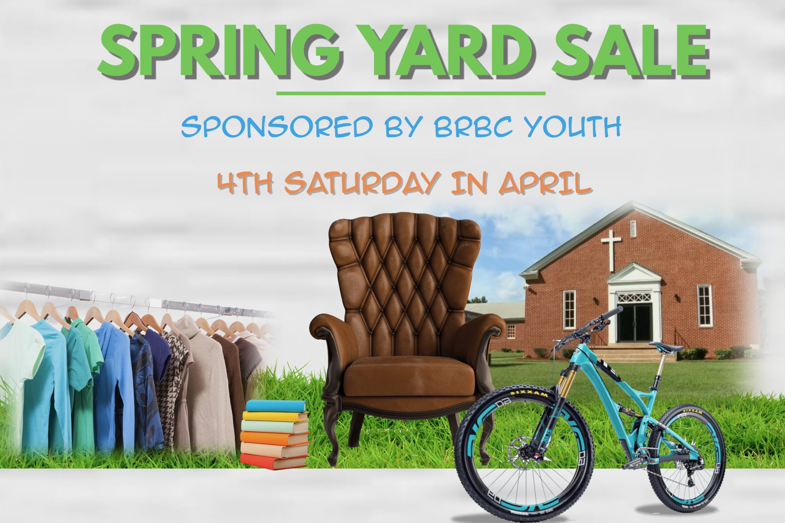Vintage chair, bicycle, and books for spring yard sale outdoors.