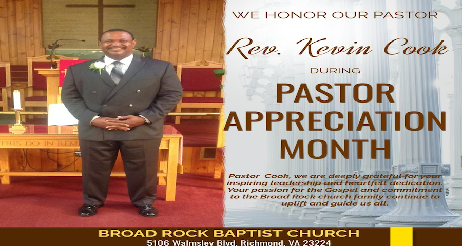 Pastor appreciation event at Broad Rock Baptist Church honoring Rev. Kevin.