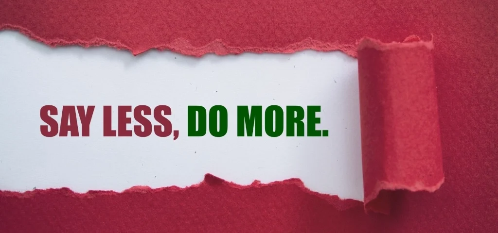 Torn red paper reveals the phrase 'LESS, DO MORE.' in bold colors.