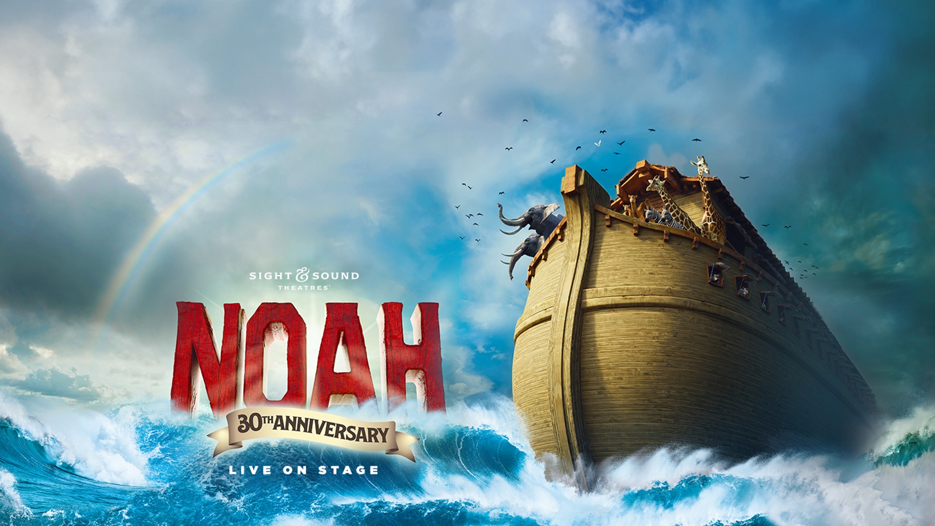 Noah's Ark sailing through stormy seas with animals aboard.