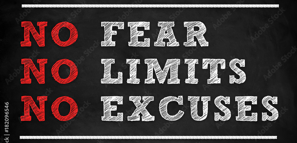 Chalkboard with motivational words: Fear, Limits, Excuses, each marked with red circles.