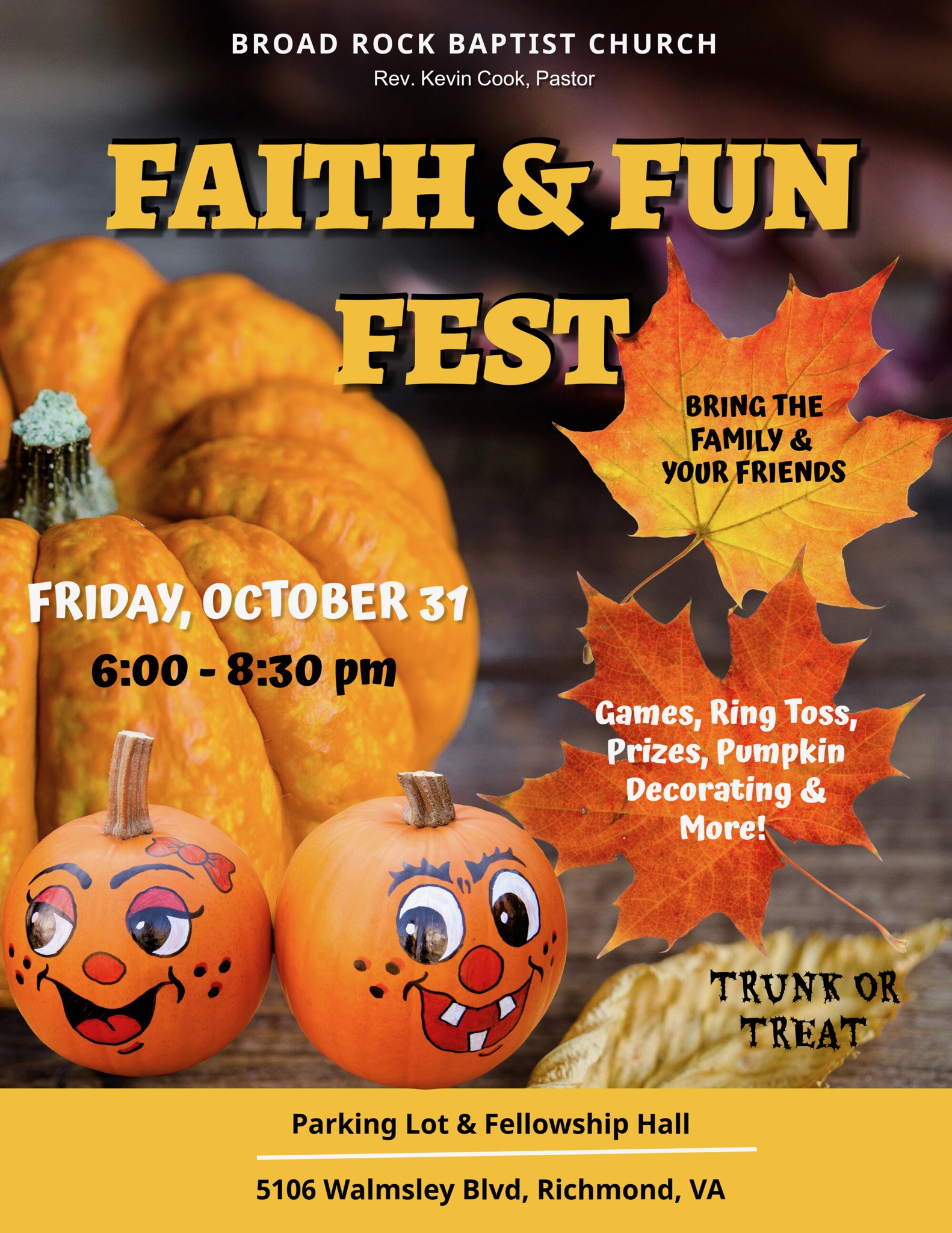 Pumpkin-themed Faith & Fun Fest event on October 31 from 6 to 8:30 PM.